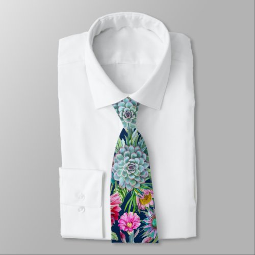 Succulents Echeveria Cactus Flowers Pattern Neck Tie