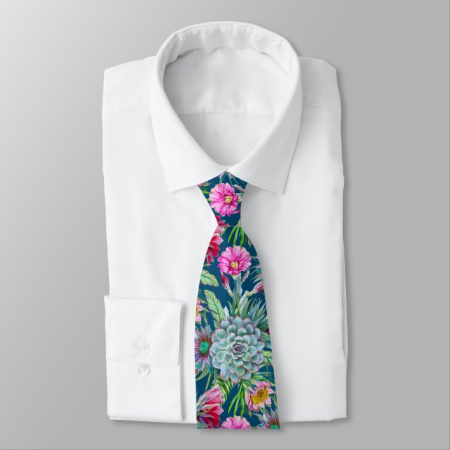 Succulents Echeveria Cactus Flowers Pattern Neck Tie (Tied)