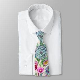 Succulents Echeveria Cactus Flowers Pattern Neck Tie
