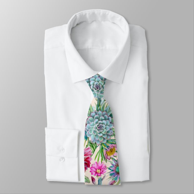 Succulents Echeveria Cactus Flowers Pattern Neck Tie (Tied)