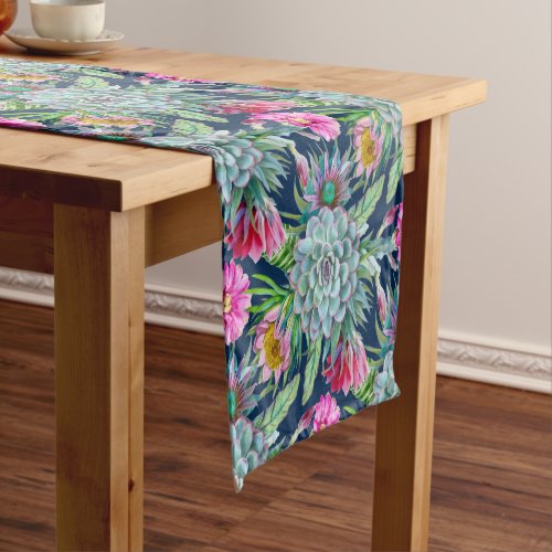 Succulents Echeveria Cactus Flowers Pattern Short Table Runner