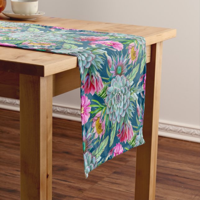 Succulents Echeveria Cactus Flowers Pattern Short Table Runner (In Situ)