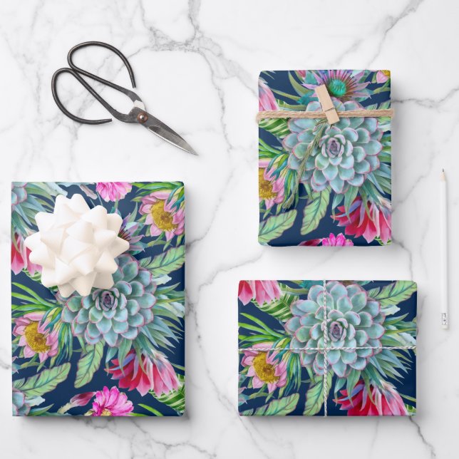 Succulents Echeveria Cactus Flowers Pattern  Wrapping Paper Sheets (Front)