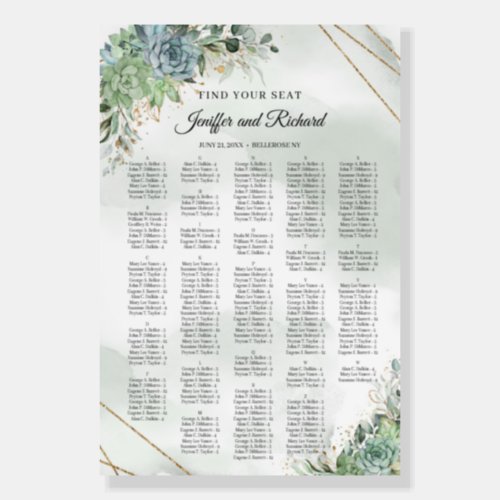 Succulents eucalyptus Alphabetical seating chart Foam Board