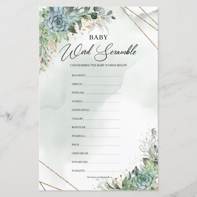 Succulents eucalyptus gold Baby Word Scramble (Front)