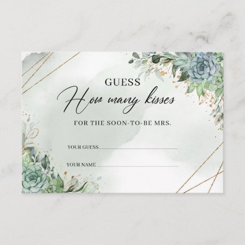 Succulents eucalyptus gold frame How Many Kisses Enclosure Card