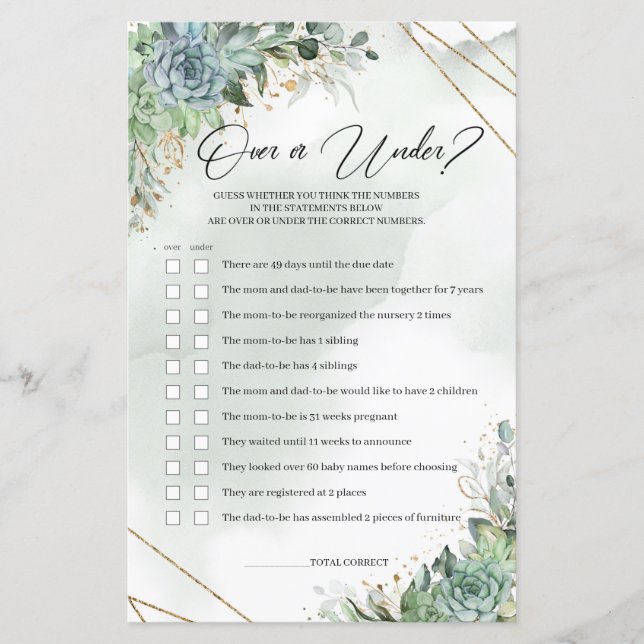 Succulents eucalyptus gold over or under baby game (Front)