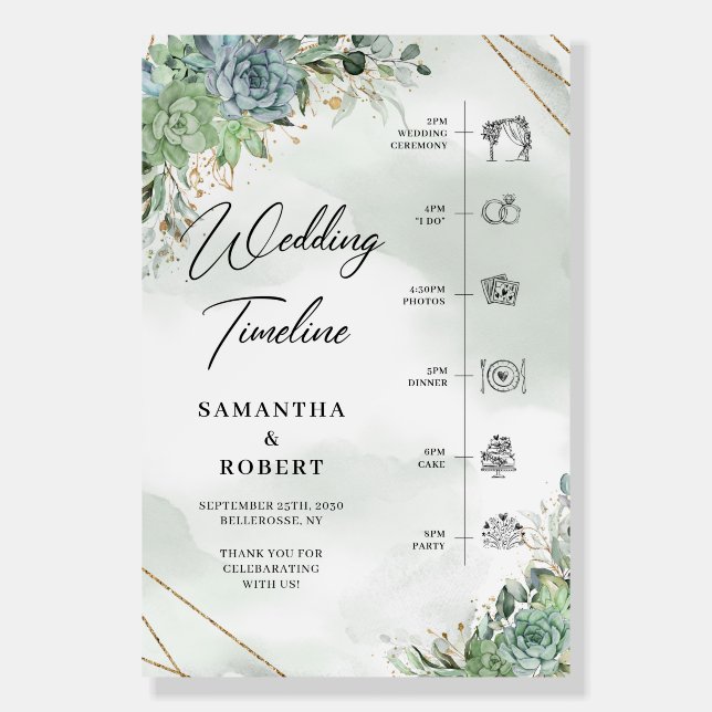 Succulents eucalyptus gold wedding timeline foam board (Front)