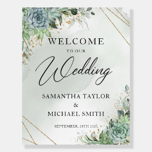 Succulents eucalyptus gold wedding welcome sign