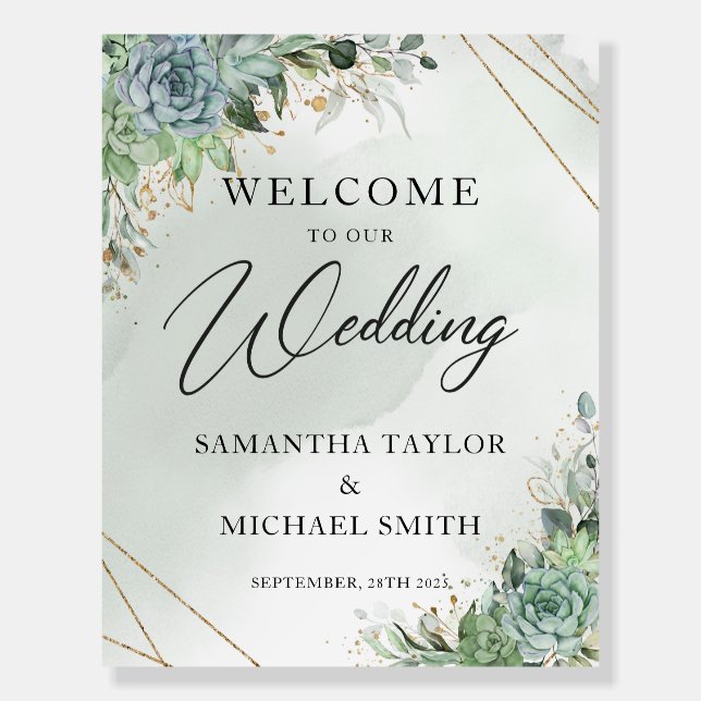 Succulents eucalyptus gold wedding welcome sign (Front)