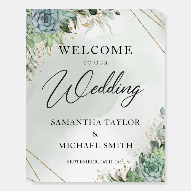 Succulents eucalyptus gold wedding welcome sign (Front)