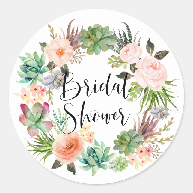 Succulents Floral Boho Wreath Bridal Shower Classic Round Sticker (Front)
