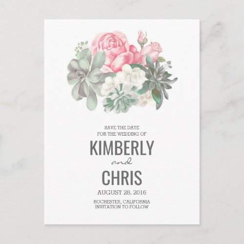 Succulents Floral Pink Bouquet Save the Date Announcement Postcard