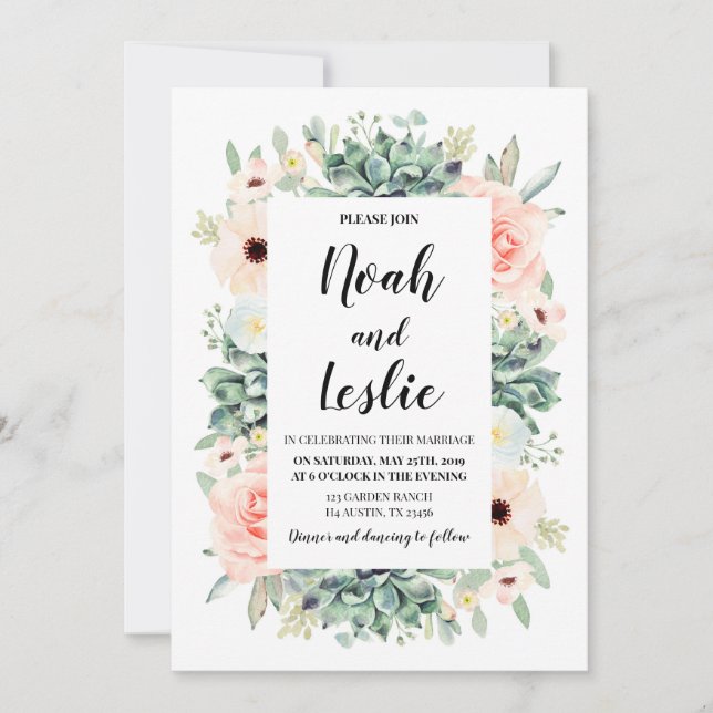Succulents floral wedding invitation (Front)