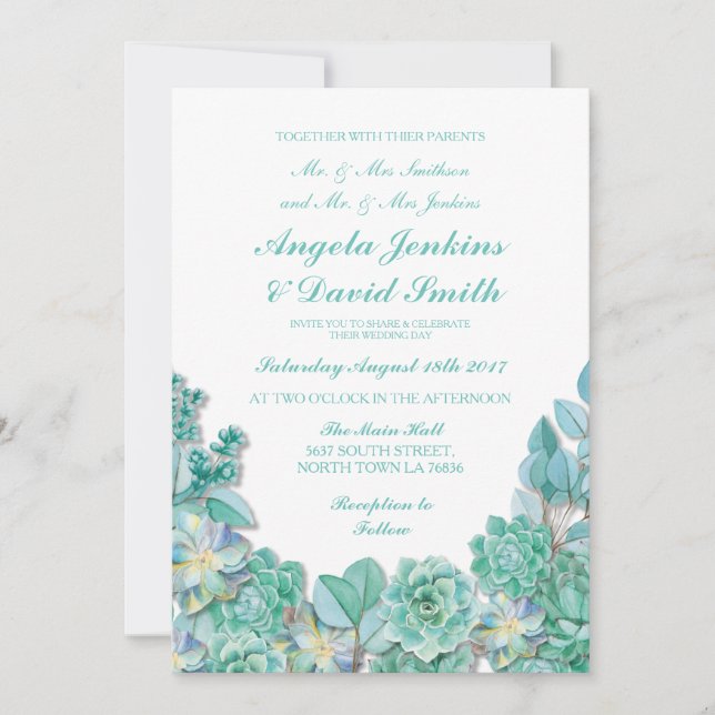 Succulents Floral Wedding Rustic White Teal Invite (Front)