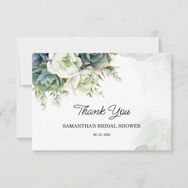 Succulents, flowers and greenery Bridal Shower Thank You Card (Front)
