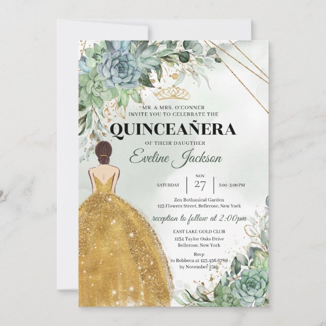 Succulents foliage gold Princess Dress Quinceanera Invitation (Front)