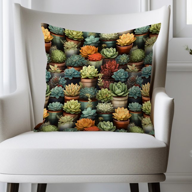 Succulents Gardening Cactus Plants  Throw Pillow (Succulents in planter pots pillow)