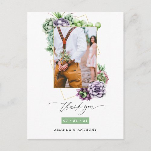 Succulents Geometric Wedding Photo Thank You Postcard