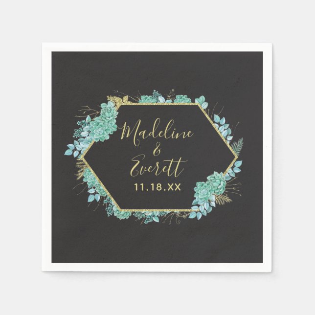 Succulents Gold Frame Any Color Wedding Monogram Napkins (Front)