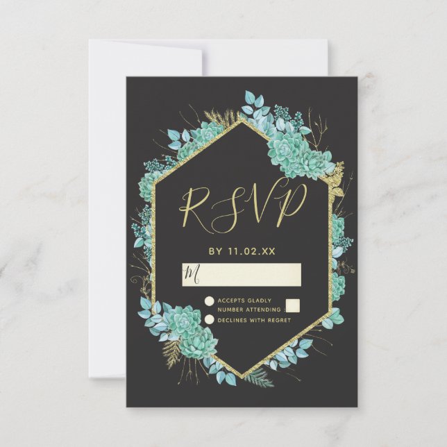 Succulents Gold Frame Any Color Wedding RSVP (Front)