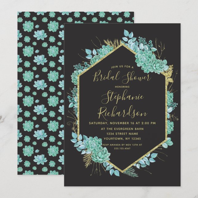 Succulents Gold Frame Bridal Shower Invitation (Front/Back)
