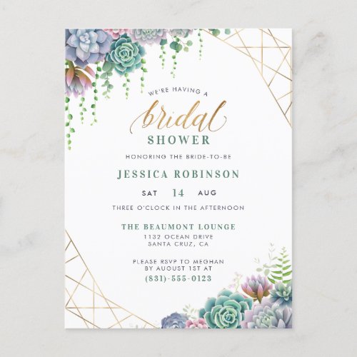 Succulents Gold Frame  Chic Script Bridal Shower Invitation Postcard