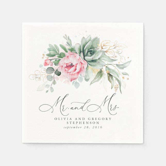 Succulents Gold Greenery and Pink Flowers Wedding Napkins (Front)