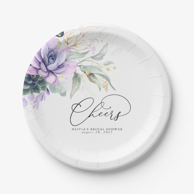 Succulents Gold Greenery Elegant Modern Cheers Pap Paper Plates (Front)