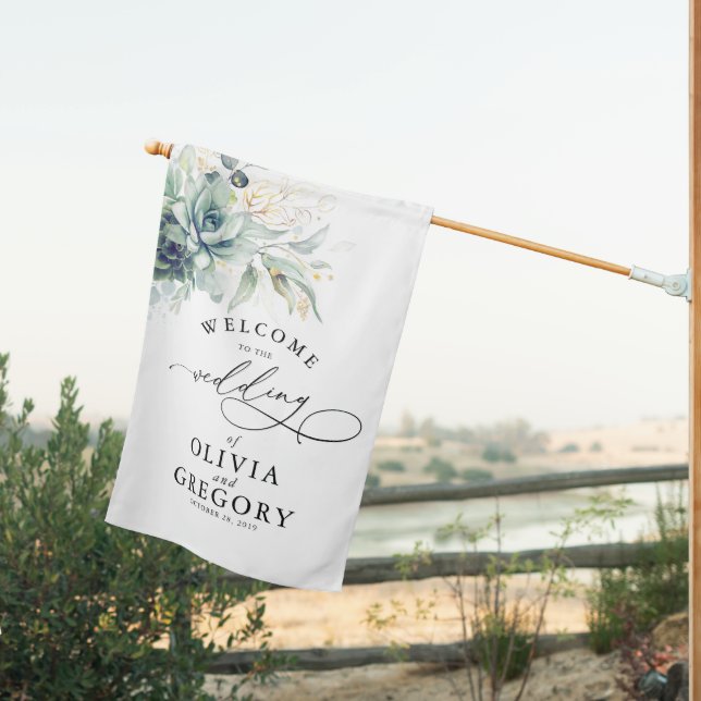 Succulents Gold Greenery Elegant Wedding Welcome House Flag (Insitu (Back))