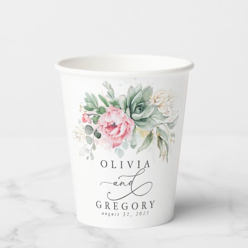 Succulents Gold Greenery Pink Flowers Elegant Chic Paper Cups