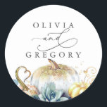 Succulents Gold Pumpkins Greenery Wedding Classic Round Sticker<br><div class="desc">Greenery,  succulents,  gold leaves and pumpkins fall wedding stickers</div>