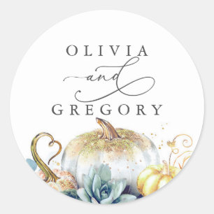 Succulents Gold Pumpkins Greenery Wedding Classic Round Sticker