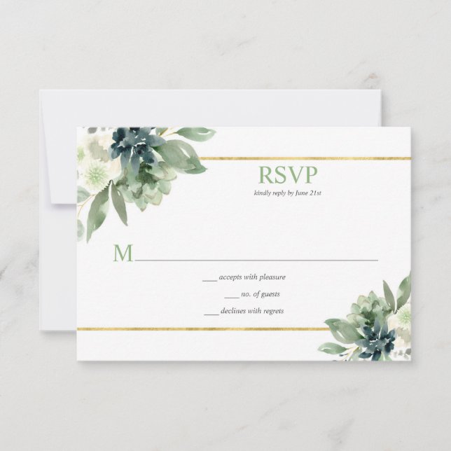 Succulents, Gold,White Flowers - Spring Green RSVP Card (Front)
