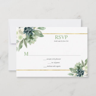 Succulents, Gold,White Flowers - Spring Green RSVP Card