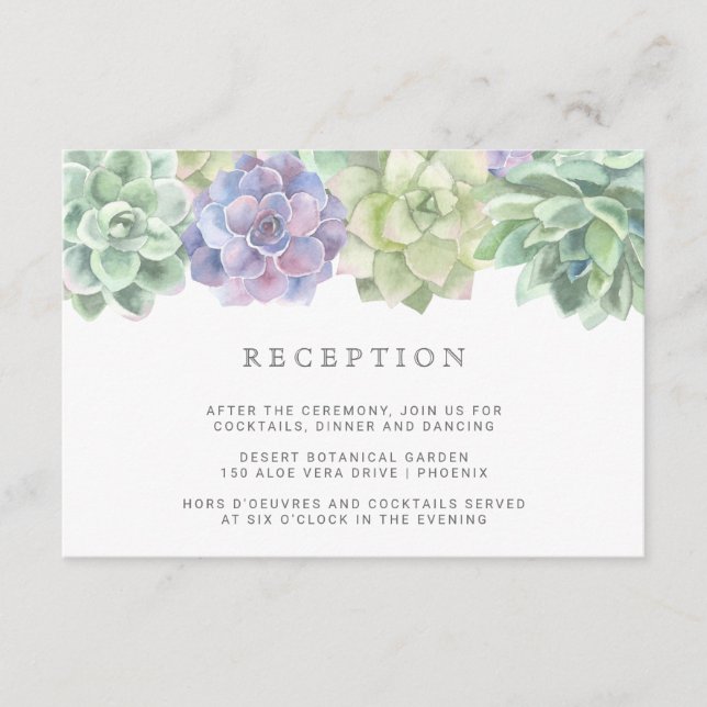 Succulents Green and Purple Wedding Reception Enclosure Card (Front)