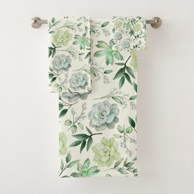 Succulents & Green Leaves Bath Towel Set (Insitu)