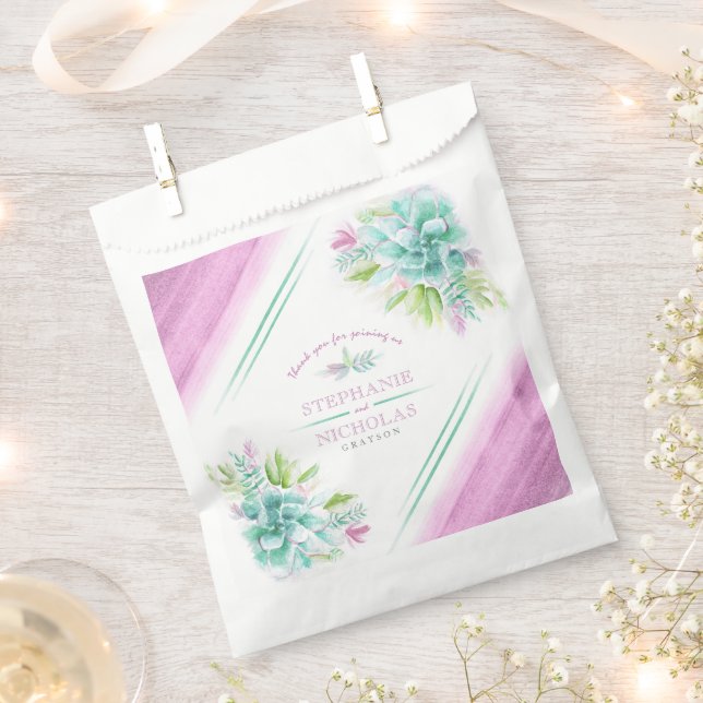 Succulents green pink watercolor custom wedding favor bag (Clipped)