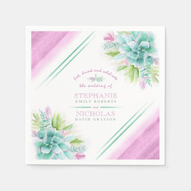 Succulents green pink watercolor custom wedding napkins (Front)
