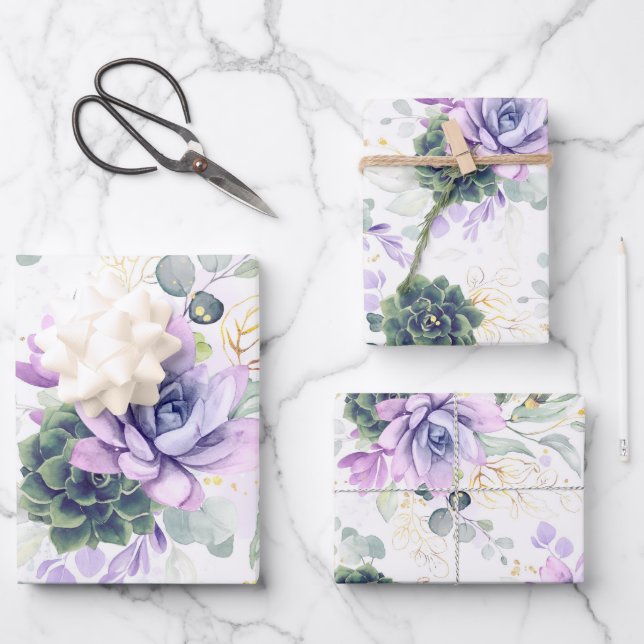 Succulents Greenery and Gold Eucalyptus Leaves Wrapping Paper Sheets (Front)