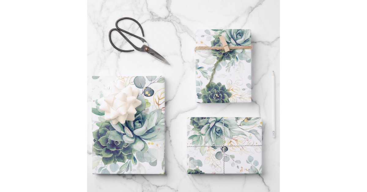 Succulents Greenery and Gold Eucalyptus Leaves Wrapping Paper Sheets ...
