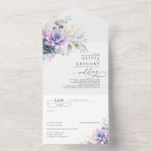 Succulents Greenery and Gold Leaves Wedding All In All In One Invitation