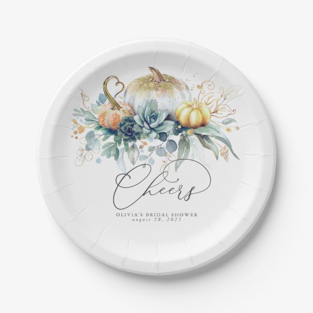 Succulents Greenery and Gold Pumpkins Fall Cheers Paper Plates (Front)