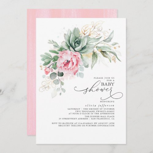 Succulents Greenery and Pink Flowers Baby Shower Invitation