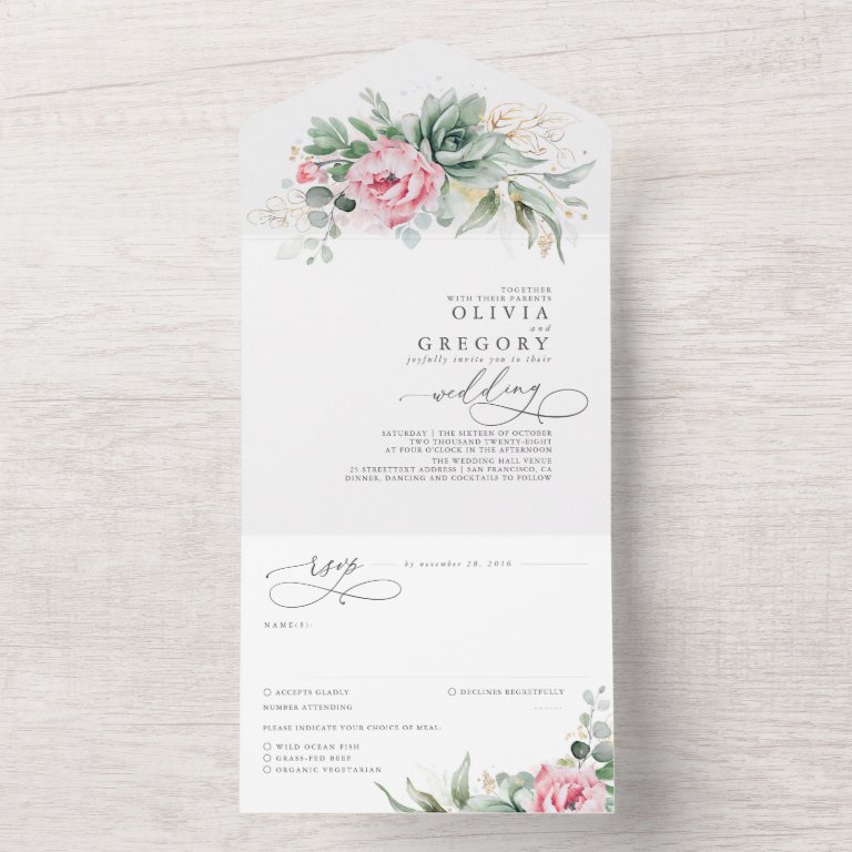 Succulents Greenery and Pink Flowers Boho Wedding All In One Invitation