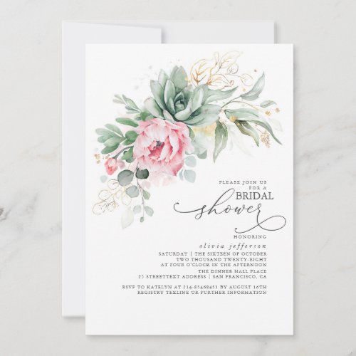Succulents Greenery and Pink Flowers Bridal Shower Invitation
