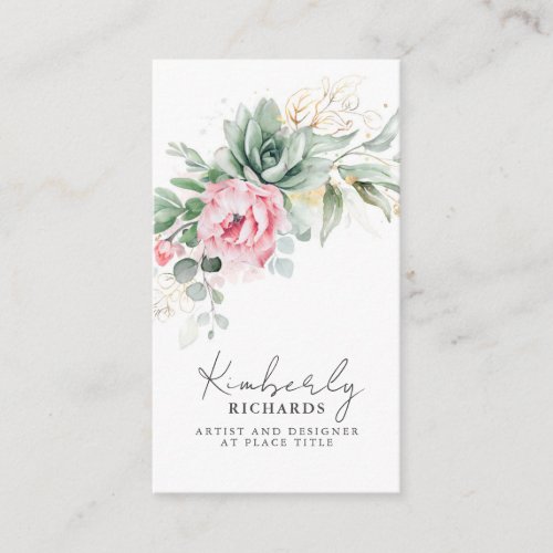 Succulents Greenery and Pink Flowers Elegant Business Card