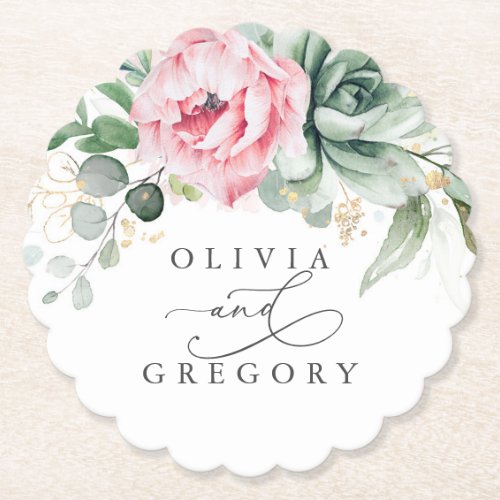 Succulents Greenery and Pink Flowers Elegant Paper Coaster