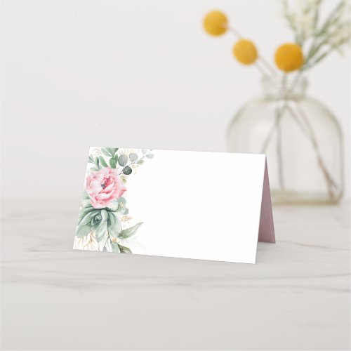 Succulents Greenery And Pink Flowers Elegant Place Card