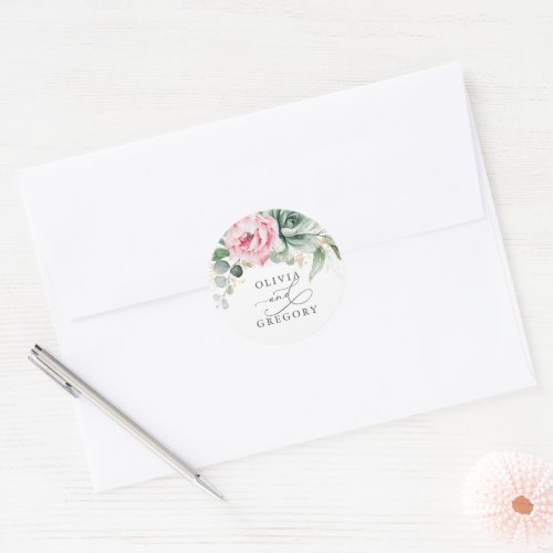 Succulents Greenery and Pink Flowers Wedding Classic Round Sticker